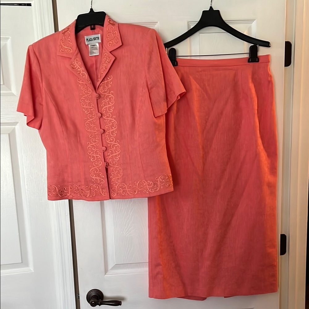 Coral colored 2 piece skirt and matching top.